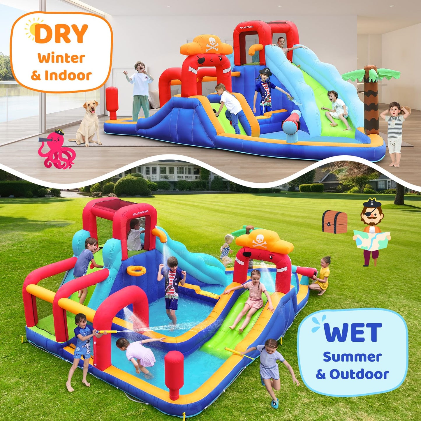 ELEMARA Inflatable Water Slide Bounce House, 10 in 1 Inflatable Water Park with Blower, 2 Slides & 2 Climbing Walls & 2 Water Guns, Deep Pool Giant Splash Pool, Water Slides for Kids Backyard for 6