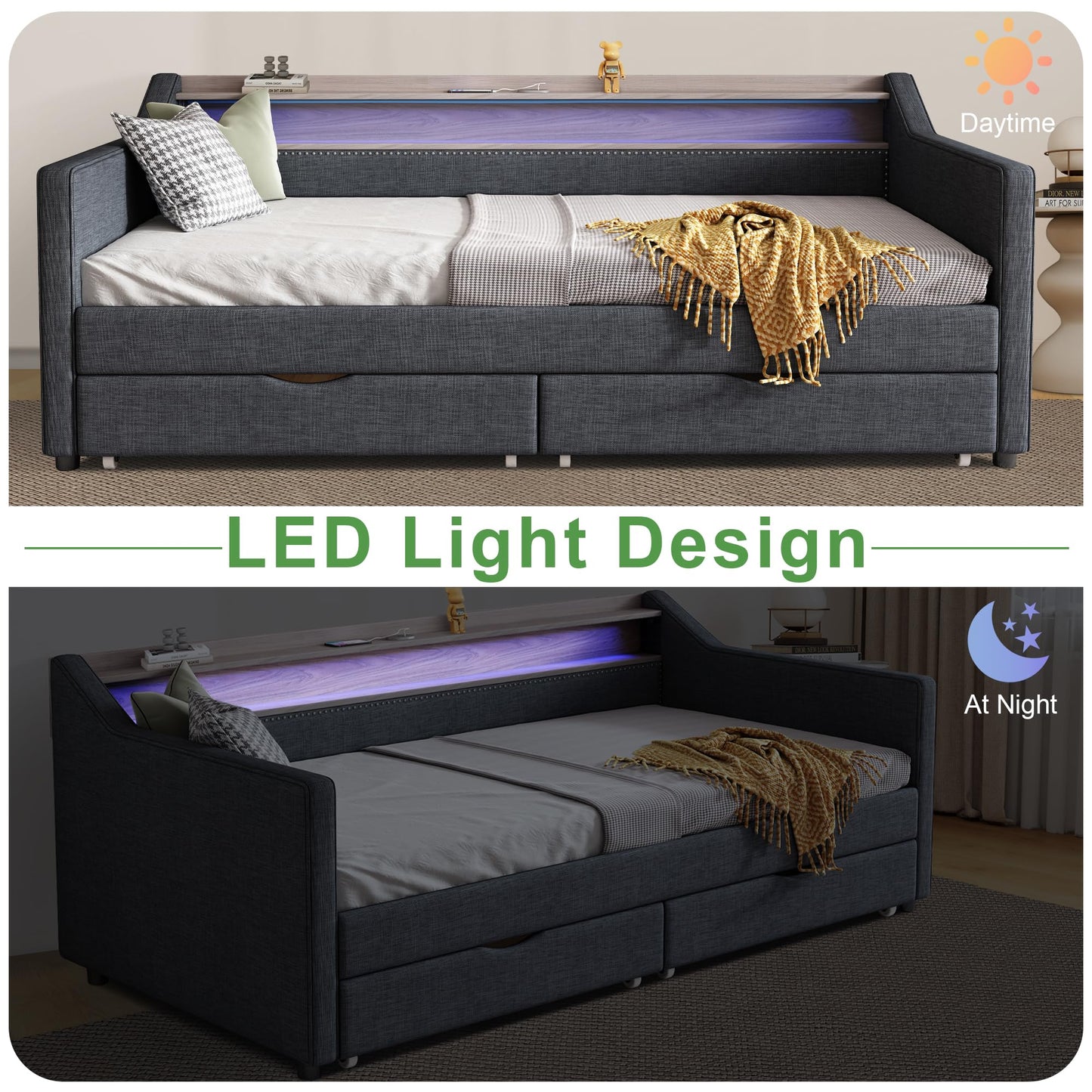 Ball & Cast Twin Size Daybed Frame with Storage Drawers and 2-Tier Shelf,Modern Linen Upholstered Sofa Bed w/Charging Station,Smart LED Light,Wood Slats Support,for Livingroom,Apartment,Dark Grey