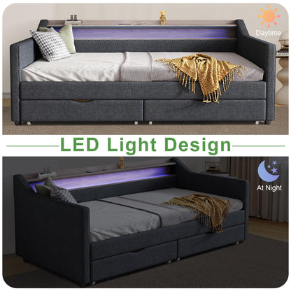 Ball & Cast Twin Size Daybed Frame with Storage Drawers and 2-Tier Shelf,Modern Linen Upholstered Sofa Bed w/Charging Station,Smart LED Light,Wood Slats Support,for Livingroom,Apartment,Dark Grey
