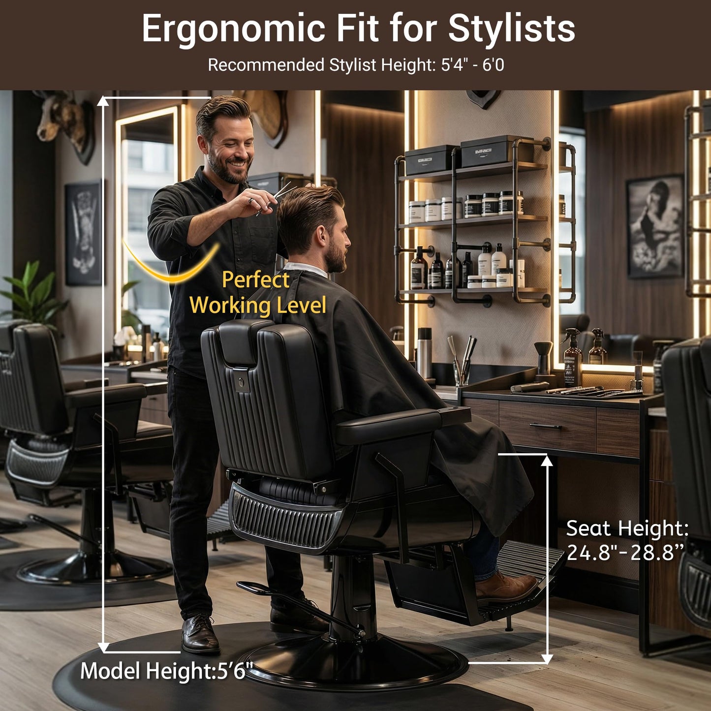 Baasha Vintage Black Reclining Barber Chair, Professional Salon Seat with Thick Padded Cushion and Removable Headrest, Ideal for Braiding and Styling Services