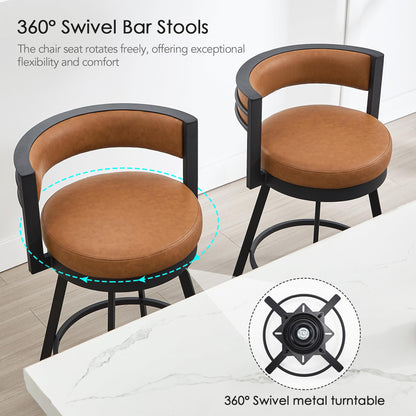ONEVOG Swivel Counter Bar Stools Set of 2, 26.6 inch Seat Height Modern Barstools with Back and Metal Legs, Upholstered Funky Kitchen Island Chairs for 36"-40" Counters, Faux Leather Padded, Brown