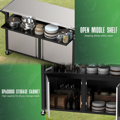 Stanbroil Rolling Outdoor Kitchen Island, BBQ Grill Cart with Stainless Steel Table Top, Double-Door Storage Cabinet & Pull-Out Shelf, Grill Table Cart for Outdoor Indoor, Large