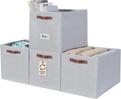DECOMOMO Storage Baskets - 13x15x13 Cube Bins with Labels for Organized Shelves | Light Texture Grey (4pcs)