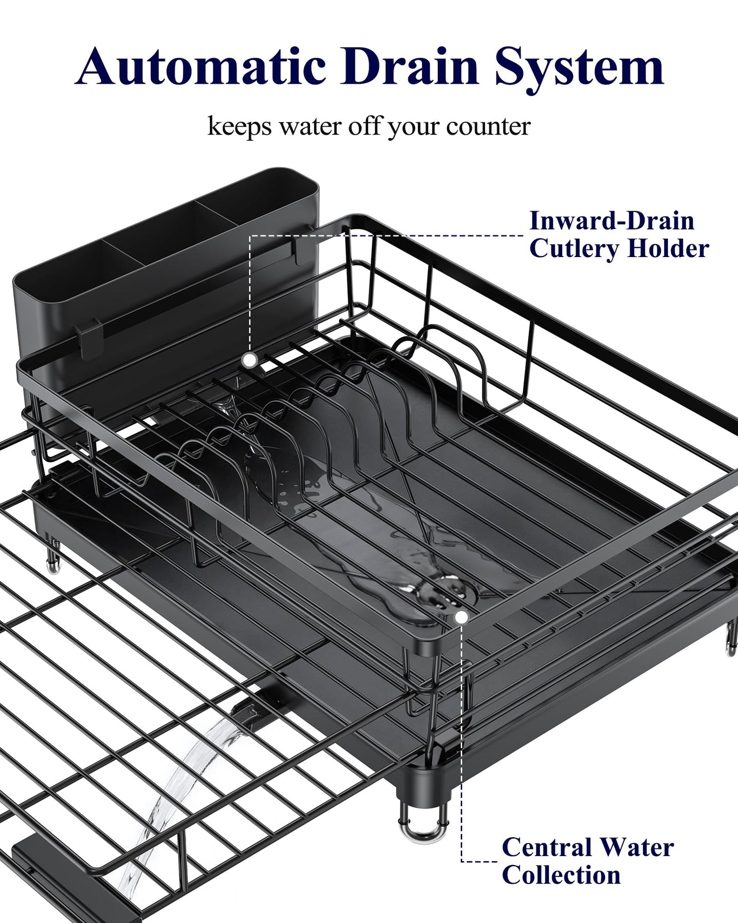 Kitsure Extendable Dish Drying Rack - Rust-Resistant Dish Racks for Kitchen Counter with Adjustable Support Legs, Cutlery Holder & Removable Draining Tray (Black, 15.6''-25.2''L × 16.9''W × 8.1''H)