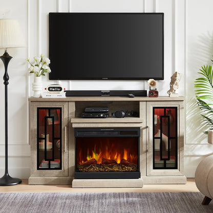 Unineo 59 Inch LED TV Stand with 3-Side Glass Fireplace, Modern Media Entertainment Center Console Table for TVs up to 65 Inch with Adjustable Color, 24’’ Fireplace, Highboy, Grey Wash