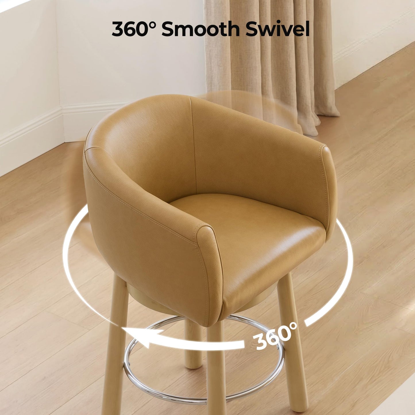 CHITA Genuine Leather Swivel Bar Stool, Modern Counter Height Bar Stools with Arms, Solid Wood Turned Legs, Upholstered Barstools for Kitchen Island, 26" Seat Height