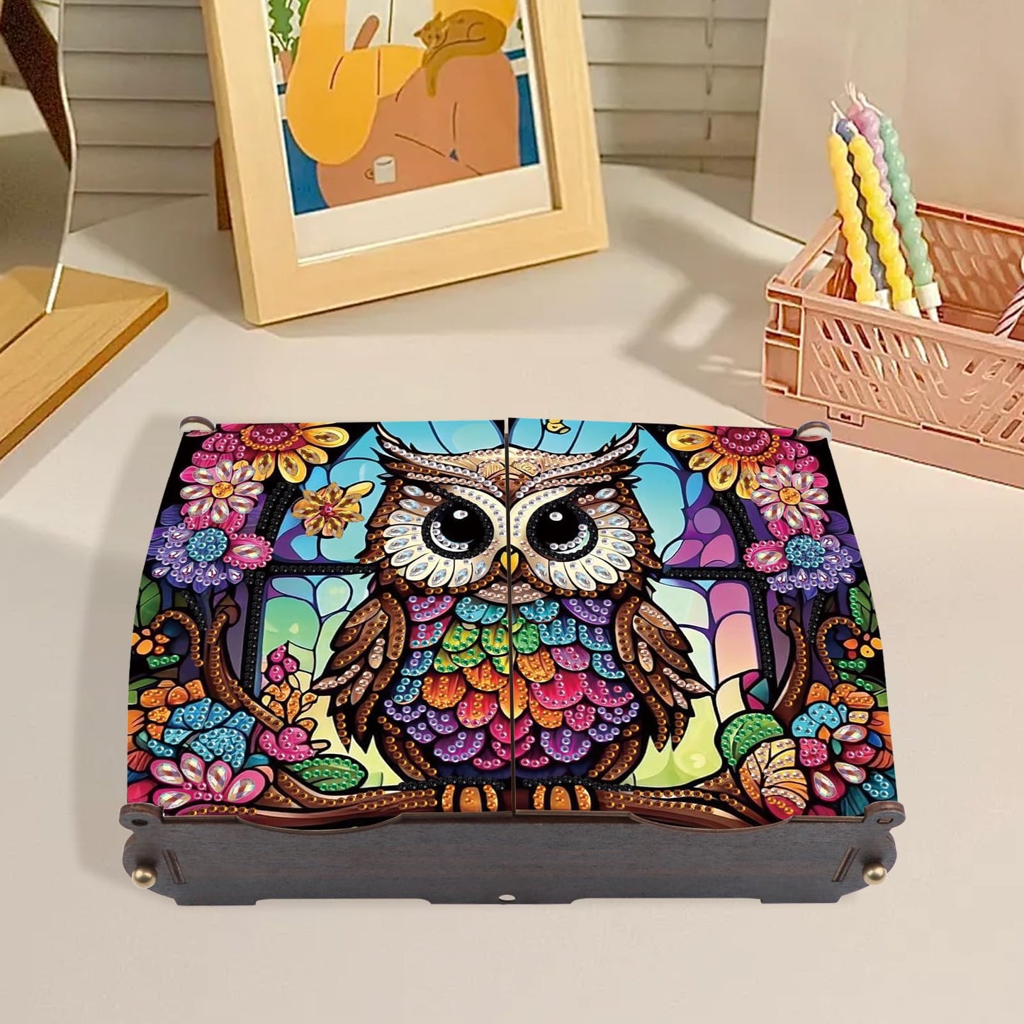 antor DIY Diamond Painting Wooden Storage Box, Owl Creative Special Shaped Rhinestone Art Flip Cover Jewelry Organizer Gift Case, Handmade Art Desktop Decor