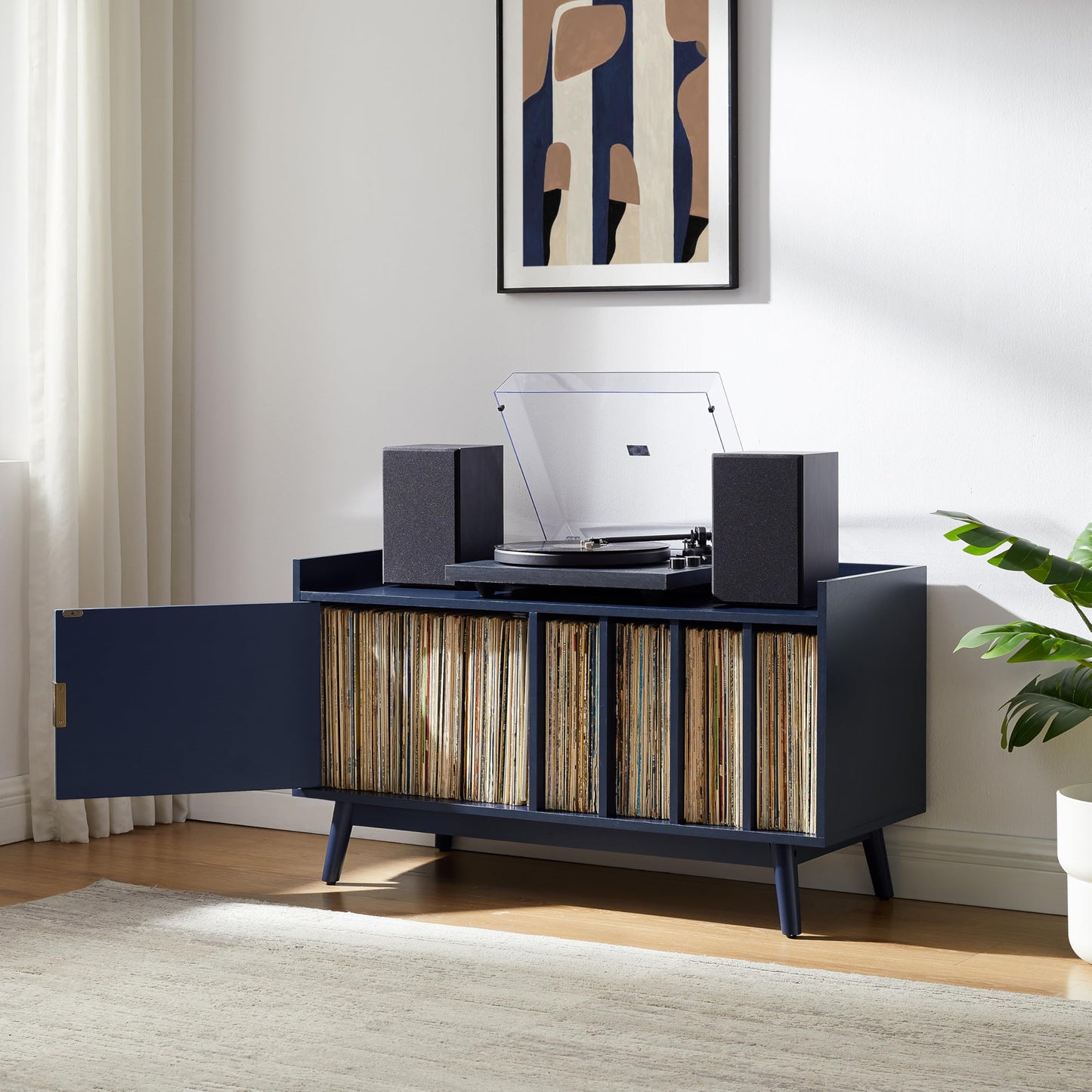 Crosley Furniture Skylar Mid-Century Record Player Cabinet with Vinyl Storage, Turntable Stand for Records, Navy