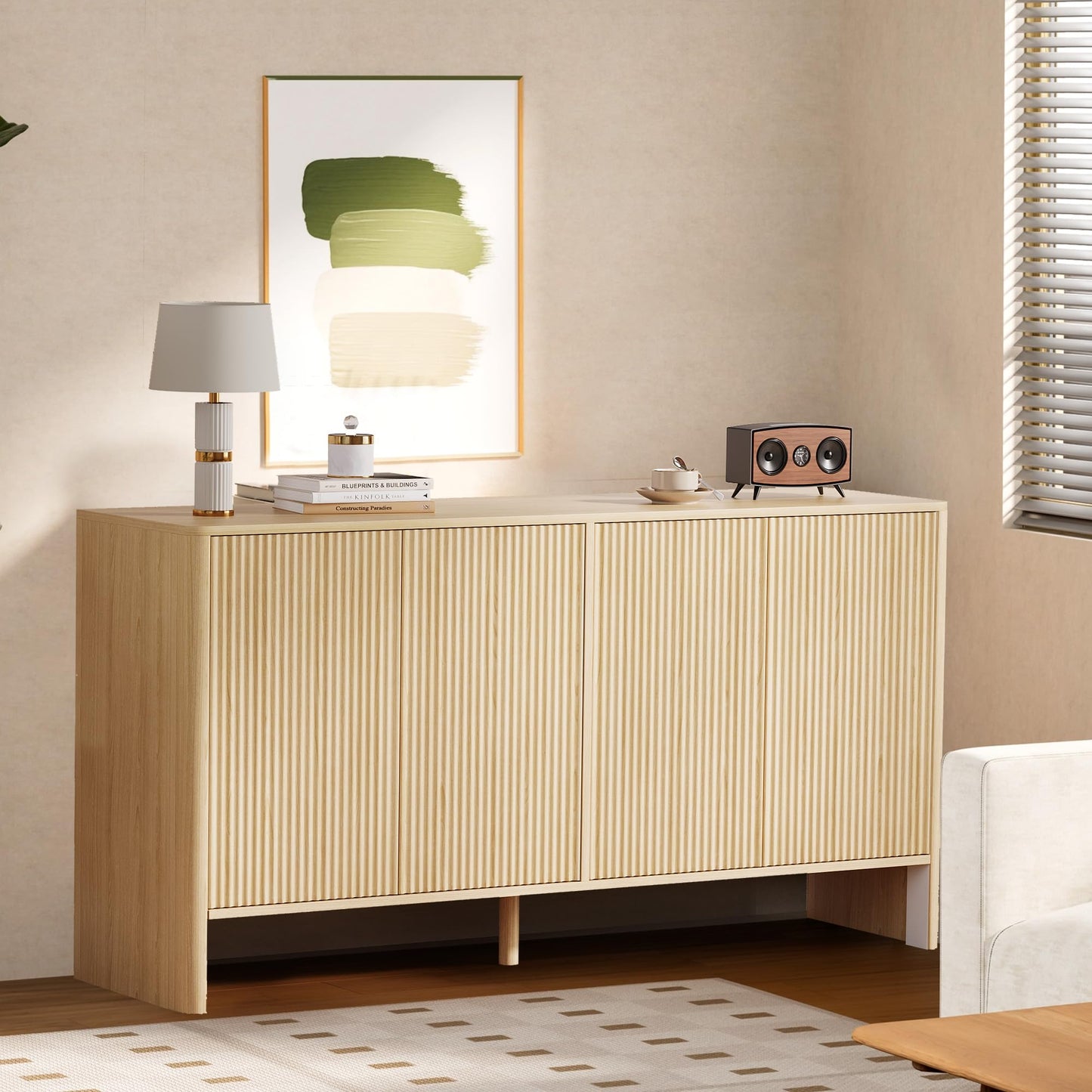 GAOMON 58inch Sideboard Buffets Cabinet, Large Wood Fluted Coffee Bar Cabinet Console Table with 4 Fluted Doors and Storage Adjustable Shelf for Living Room Kitchen Entryway, Natural Oak
