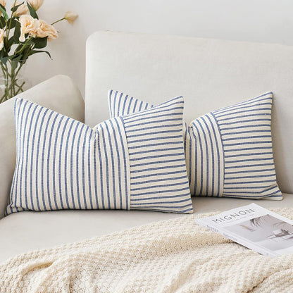 12x20 Inch, Pack 2 MIULEE Royal Blue and Beige Patchwork Farmhouse Pillow Covers of Striped Linen Decorative Modern
