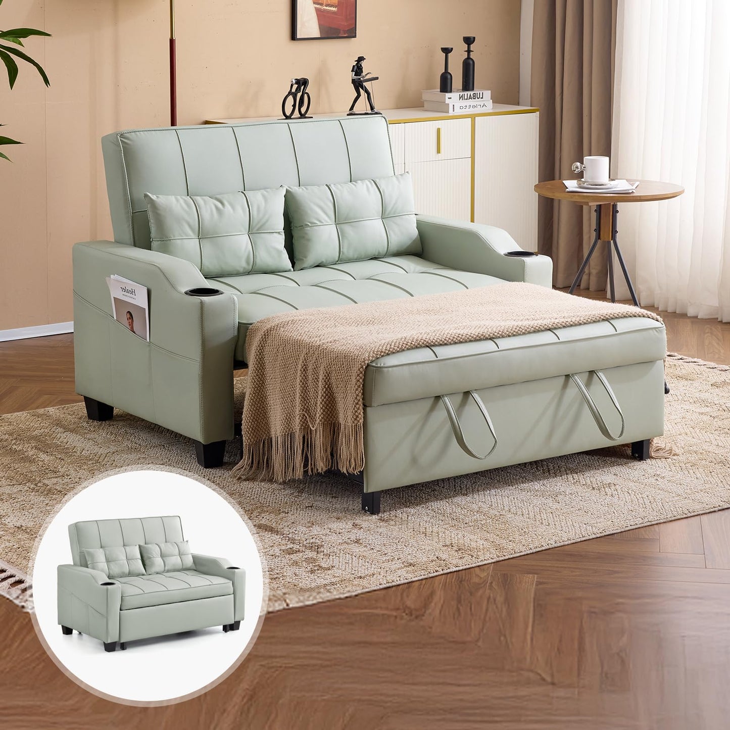 VINGLI Green Futon Sofa Bed Convertible Loveseat Sleeper Couch, Faux Leather Pullout Sofa Fold Out Couch Bed with USB Ports, Cup Holders, Armrest for Living Room, Bedroom Apartment Room