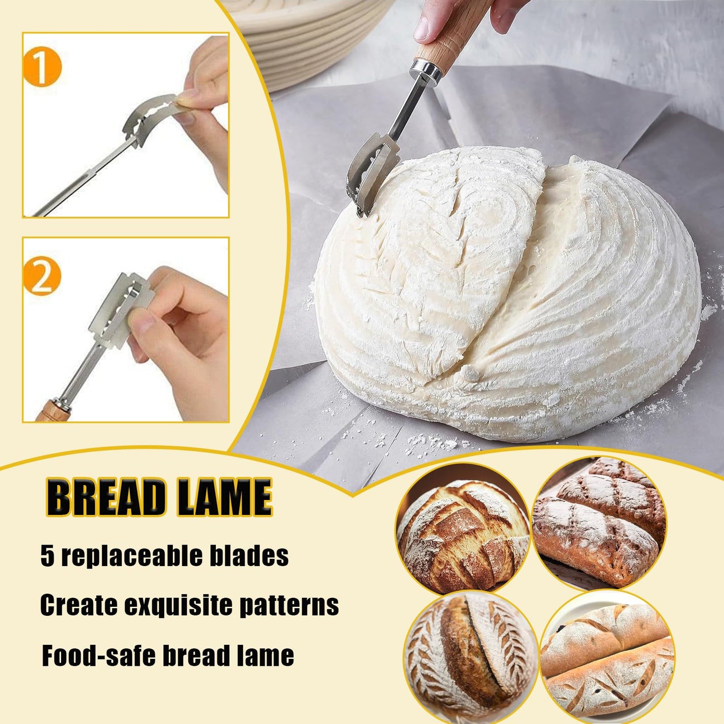 Jierjiaas Danish Dough with Sourdough Scoring Tool-Bread Whisk Set of 6 Pieces-Dough Hook,Dutch Whisk,Bread Lame,Bench Scraper & Pastry Brush Bread Making Tools and Baking Supplies