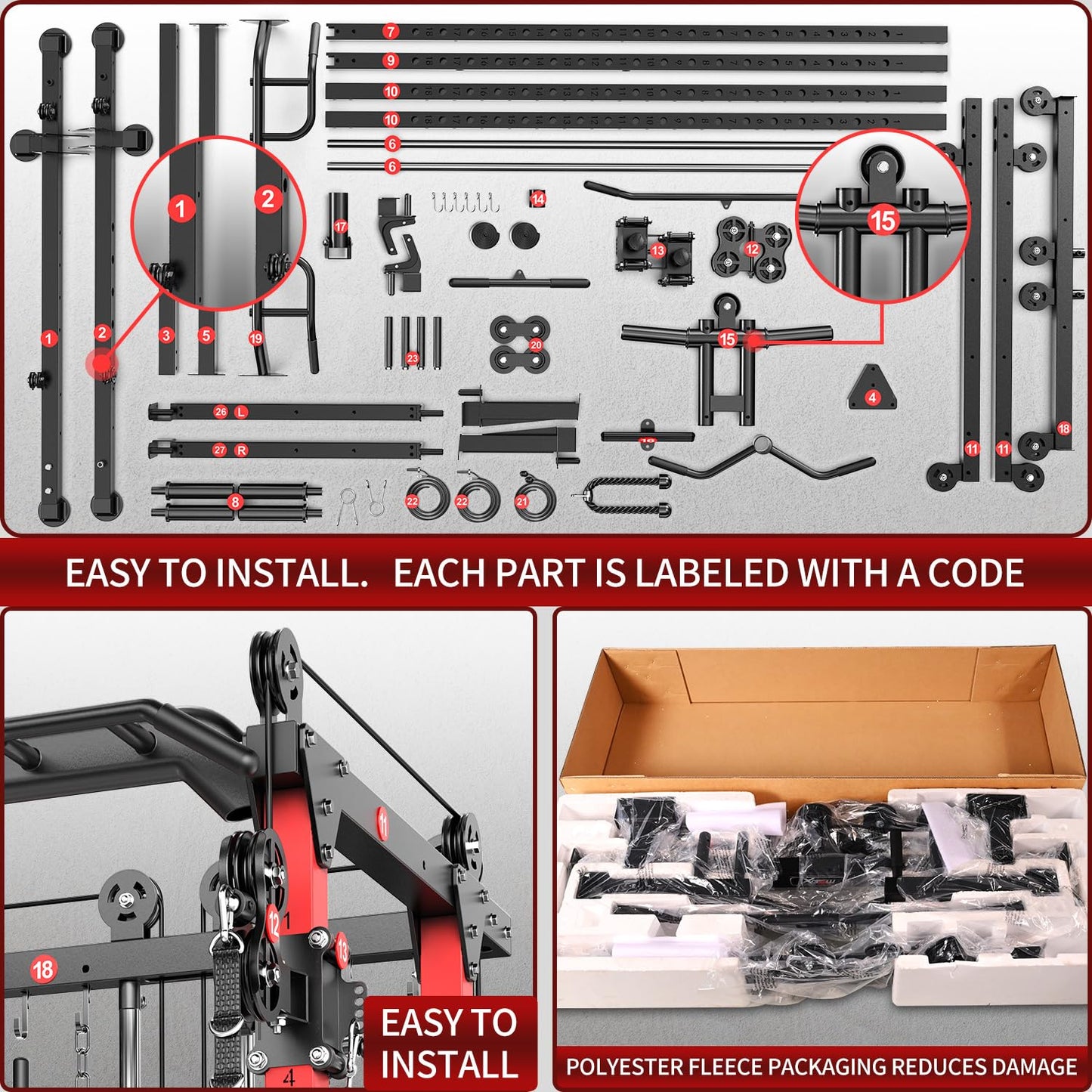 Power Rack Power Cage Multi-Function Squat Rack with Cable Crossover System Selectable More Training Attachment Power Rack for Garage & Home Gym (Red, D Set L02+Weight Bench+（Pole+Cast Iron） 248LBS)