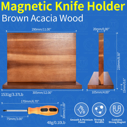 XYJ Authentic Since 1986, Magnetic Knife Block, Double Side Kitchen Knife Stand, Acacia Wood, Magnetic Knife Holder with Strong Enhanced Magnets,Knives Storage Rack Stand for Home Kitchen