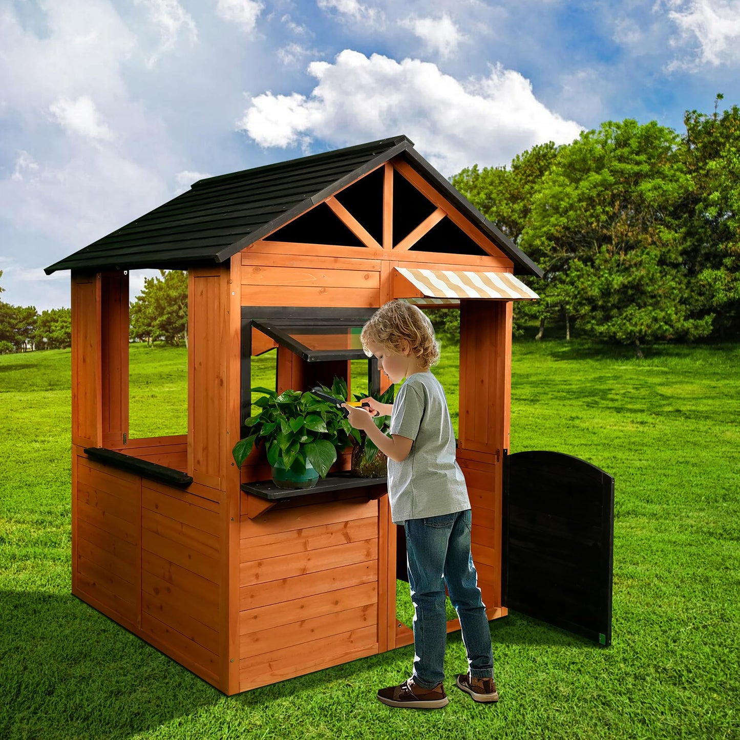 Easy Playhouse: Big Outdoor Wooden Playhouse - Working Door & Windows, Side Serving Station & Bench, Sink & Stove, Backyard Creative Toy Home, Kids 3+