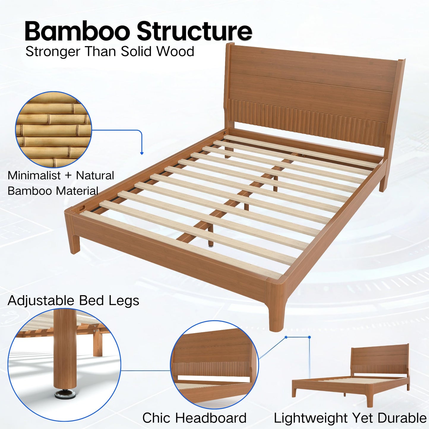 Full Size Platform Bed with Bamboo-made Structure, Mid-century Style Bedframe with Chic Design Headboard, Sustainable Bed Frame Full for Bedroom, No Box Spring Needed & Easy Assembly, Warm Brown
