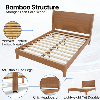 Full Size Platform Bed with Bamboo-made Structure, Mid-century Style Bedframe with Chic Design Headboard, Sustainable Bed Frame Full for Bedroom, No Box Spring Needed & Easy Assembly, Warm Brown