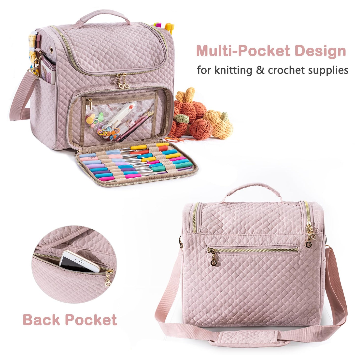 MYBAGZING Crochet Bag Organizer - Quilted Storage Bag with Hanging Hook, Ideal for Knitting & Crochet Accessories