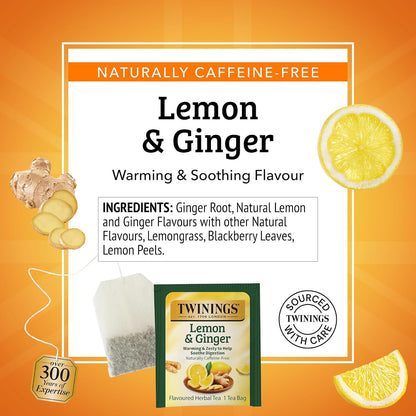 Twinings Lemon & Ginger Herbal Tea - Caffeine-Free, Tangy & Spicy, 120 Individually Wrapped Bags
