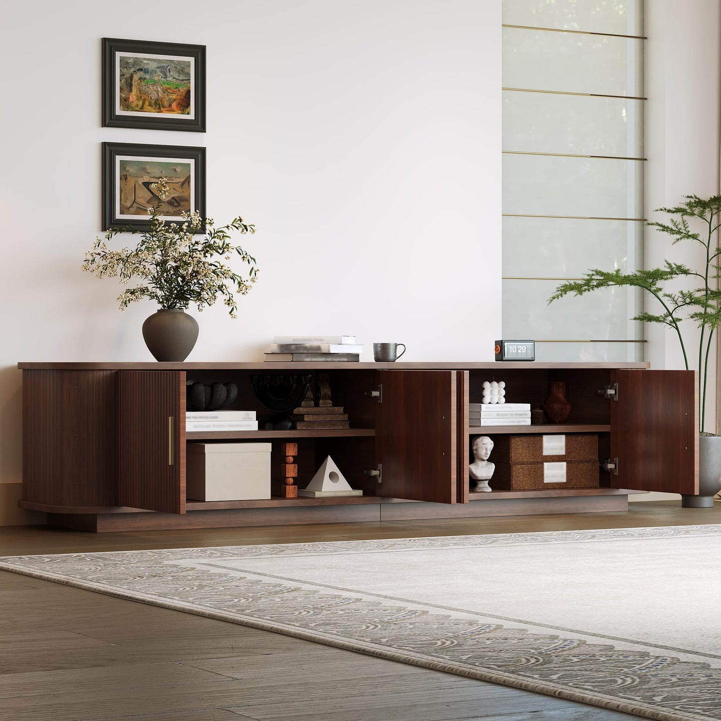 Merax 70" Modern TV Stand for TVs up to 80", Media Entertainment Center with Storage Cabinets, Cured Corners, Cable Management and Floor Standing Design for Living Room