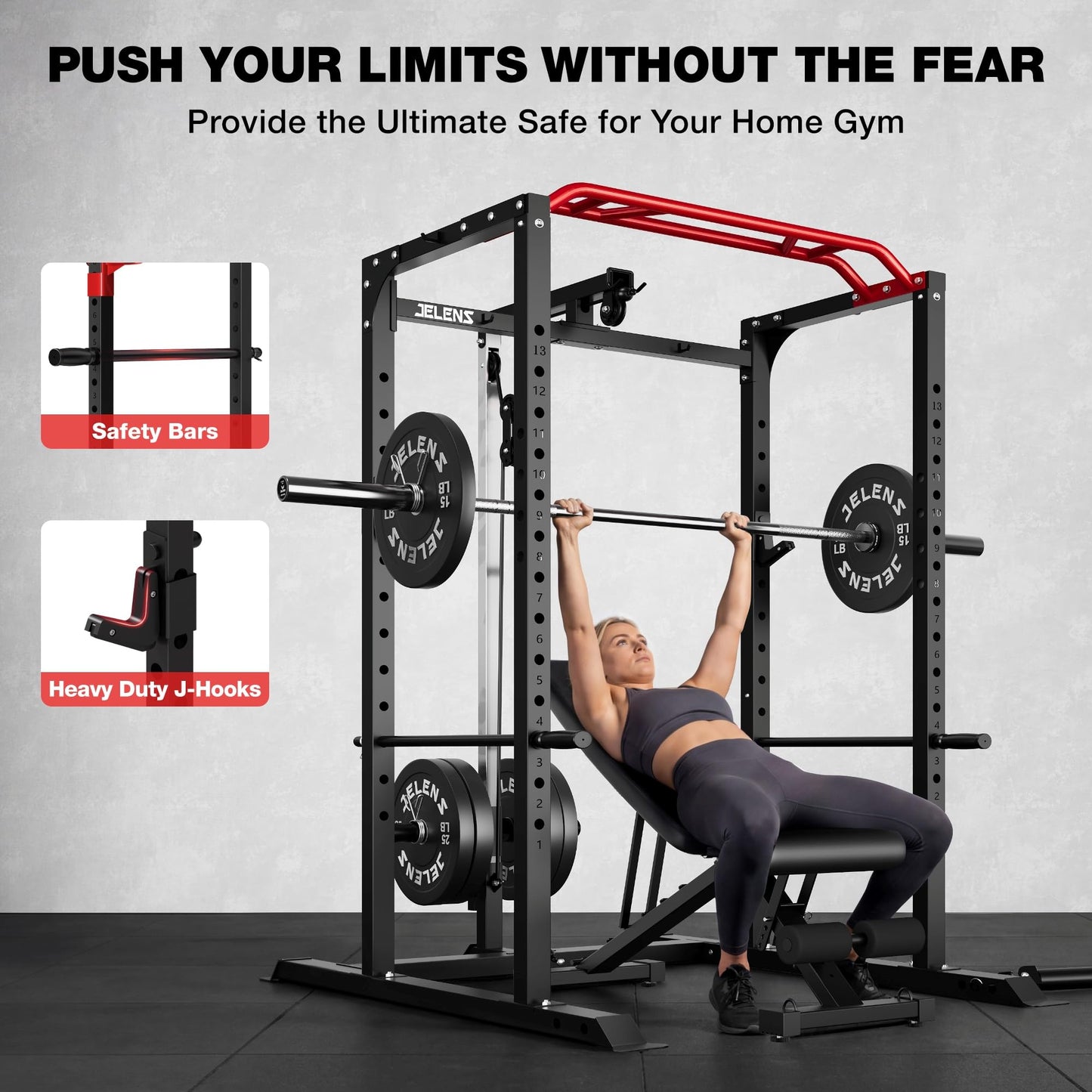 JELENS S11 Power Cage, 2000LB Multi-Function Power Rack with LAT Pulldown, Squat Rack with Adjustable Pulley System and Training Attachments, Weight Rack for Home Gym