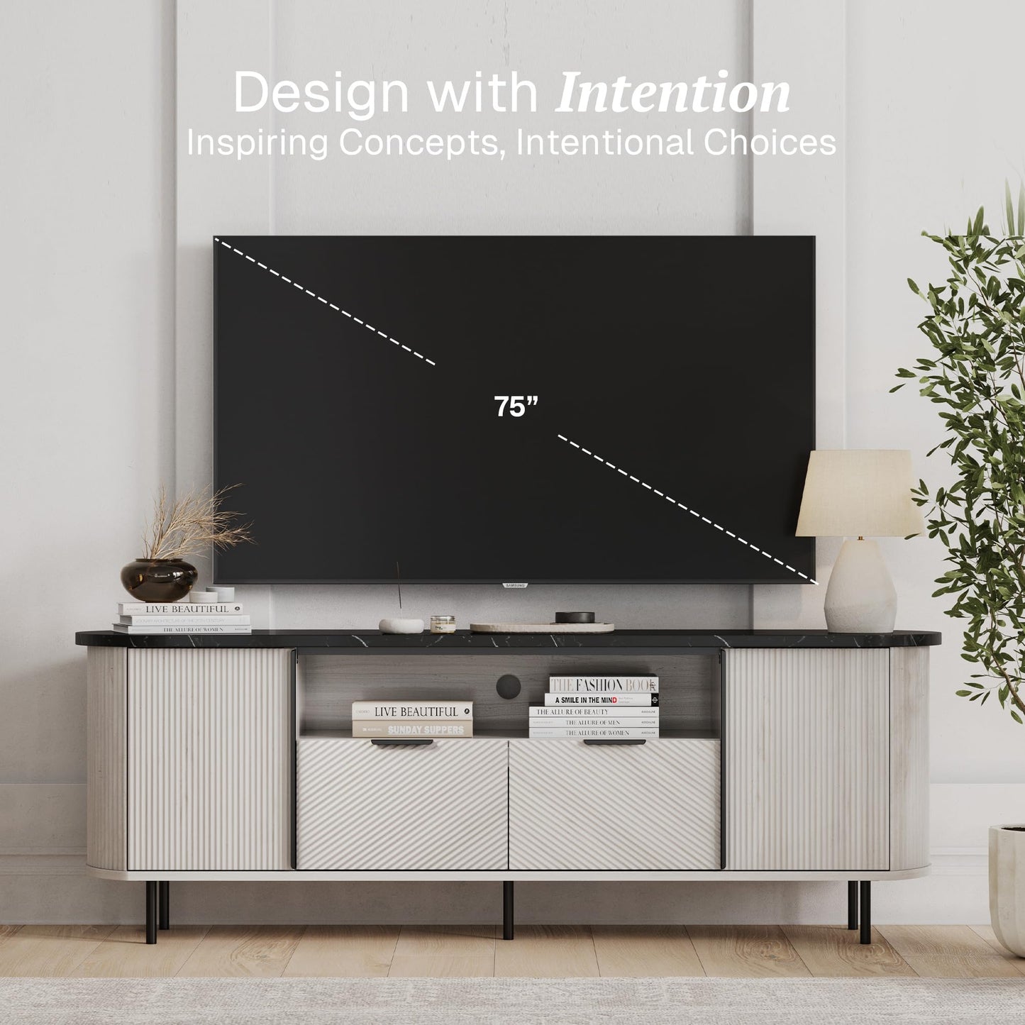 BELLEZE 68 inch Fluted TV Stand Modern Chic Faux Marble Top, Curved Profile Entertainment Center with Storage for TVs Up to 80 inch, Media Console Tv Cabinet for Living Room (White Sand)