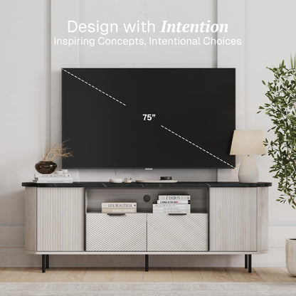 BELLEZE 68 inch Fluted TV Stand Modern Chic Faux Marble Top, Curved Profile Entertainment Center with Storage for TVs Up to 80 inch, Media Console Tv Cabinet for Living Room (White Sand)