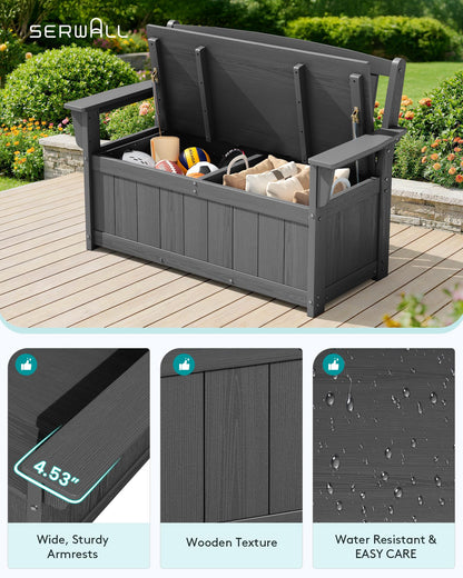SERWALL HDPE Outdoor Storage Bench, All-Weather, UV-Resistant Deck Box with Waterproof Storage Bags, 57 Gallon Dual-Use Seat & Organizer Deck Boxes for Patio, Garden Tools & Pool (Gray)