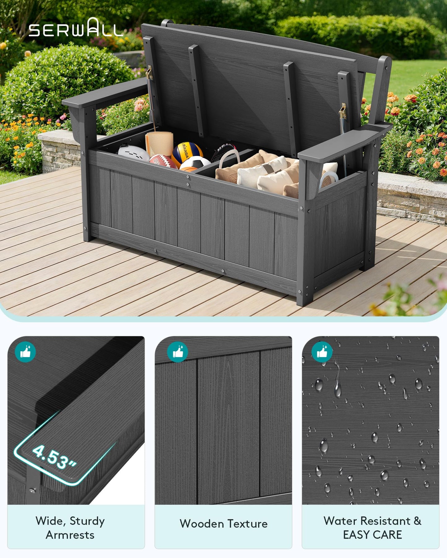 SERWALL HDPE Outdoor Storage Bench, All-Weather, UV-Resistant Deck Box with Waterproof Storage Bags, 57 Gallon Dual-Use Seat & Organizer Deck Boxes for Patio, Garden Tools & Pool (Gray)