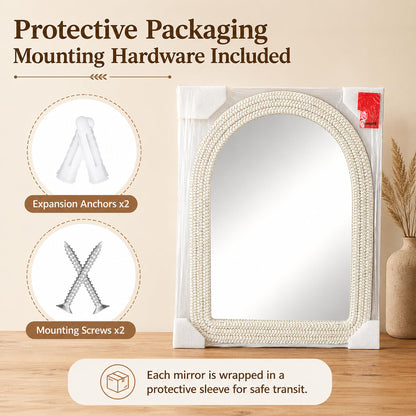 CAVINHOME 30" x 40" Arched Wall Mirror, Handwoven Natural Corn Husk Fiber with Light Whitewashed Finish, Warm Boho Coastal Style for Entryway, Bedroom, Living Room, Vertical Hanging