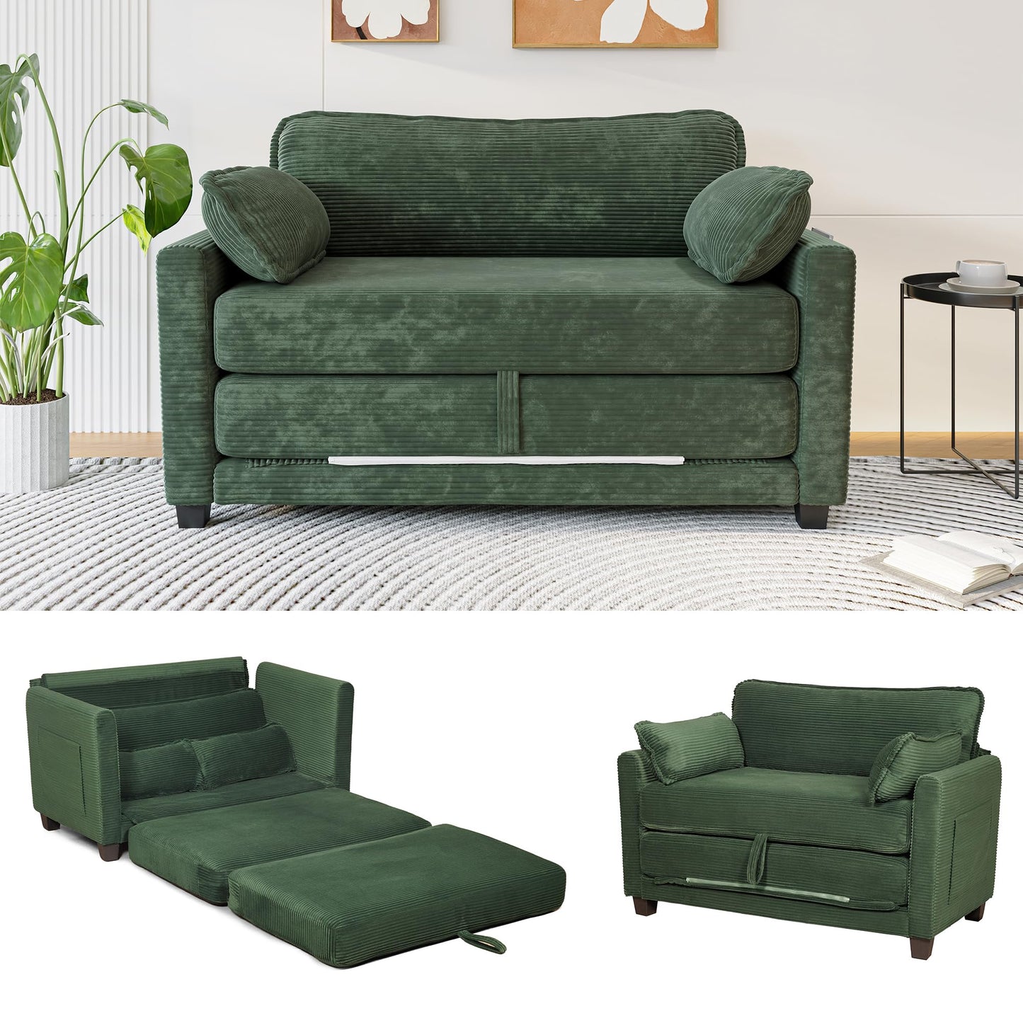 Eafurn 3 Fold Corduroy Sleeper Sofa Couch Bed - Foldable Convertible Futon Loveseat with Pull Out Sofabed and Side Pockets for Living Room Apartment