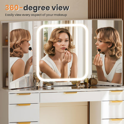 Pamapic Glass Top Makeup Vanity Desk with Foldable Mirror and Lights, 11 Drawers Vanity with Chair and Power Outlet, 3 Lighting Modes Makeup Table, Golden Handles, White