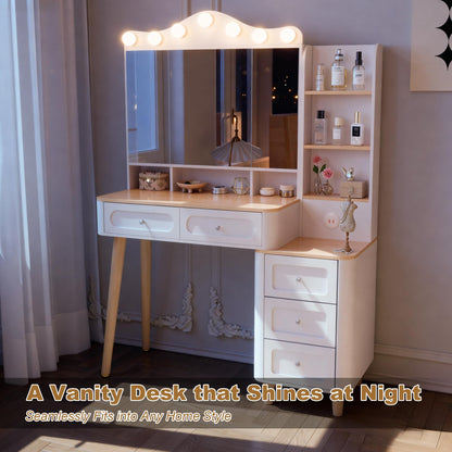 Acosure Makeup Vanity with Mirror & Power Outlet,3 Dimmable Colors Light Small Makeup Vanity Table Set with 5 Drawers & Hidden Storage Shelves Dressing Table for Women Girls Bedroom,White