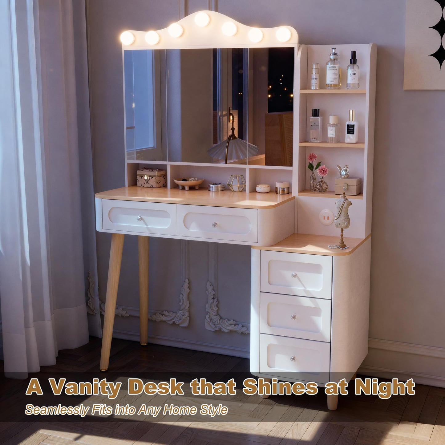 KEIKI Vanity Desk with Adjustable LED Lighted Mirror & USB Ports, Makeup Vanity Table Set with & Foldable 3-Sided Mirror & Large 5 Storage Drawers & Chest for Women and Girls Bedroom Dorm