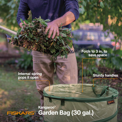 Fiskars Kangaroo Collapsible Spring Up Garden Bag for Yard Waste, Grass, Branches & Weeds, Tear & Mildew Resistant Vinyl-Coated Polyester, Folds Flat to 3 Inches for Space-Saving Storage, 30 Gallon
