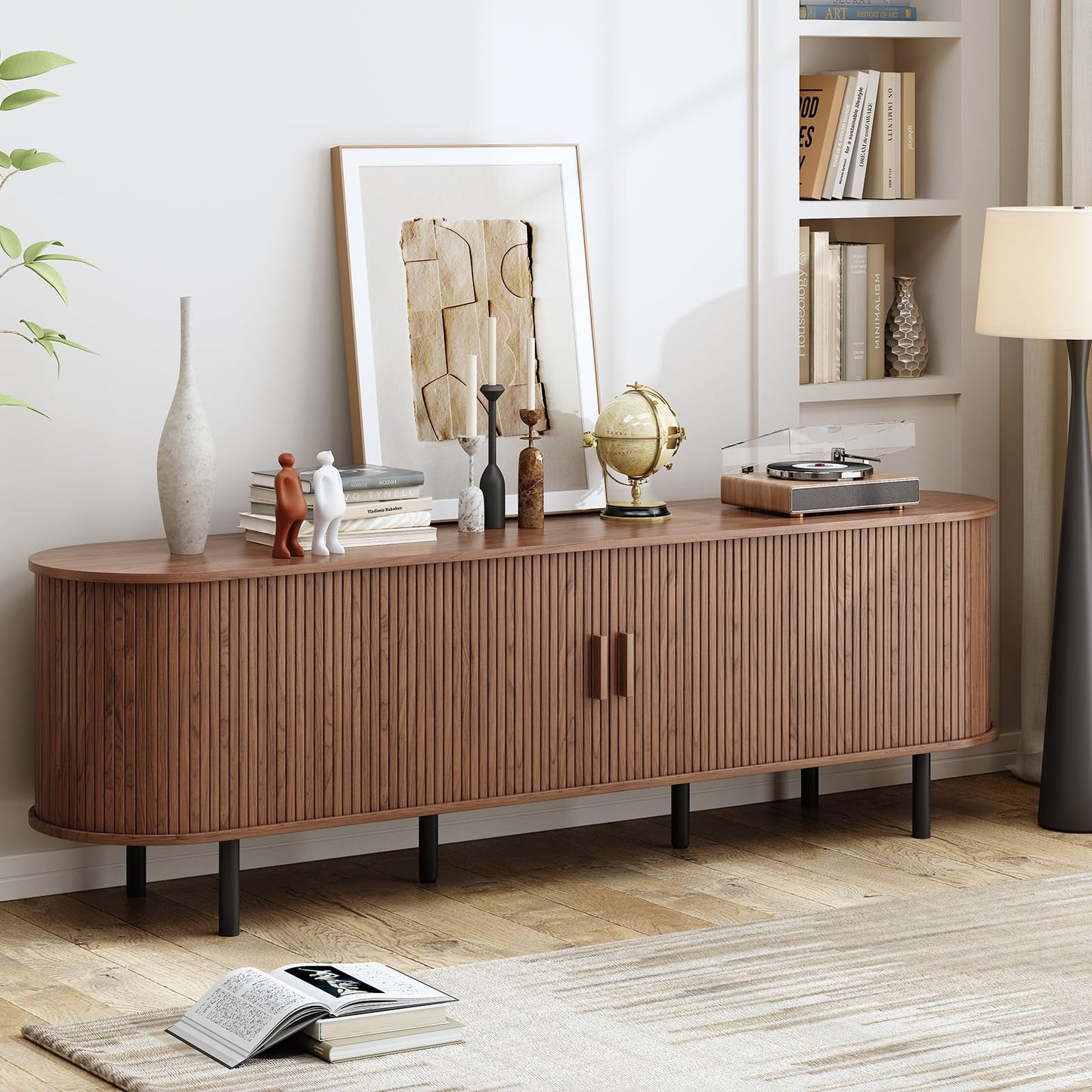 70.8" TV Stand with Power Outlet, Mid-Century Modern Television Stand, Fluted Media Console with Sliding Doors, Entertainment Center for TVs up to 60 Inch, Adjustable Shelves, Walnut