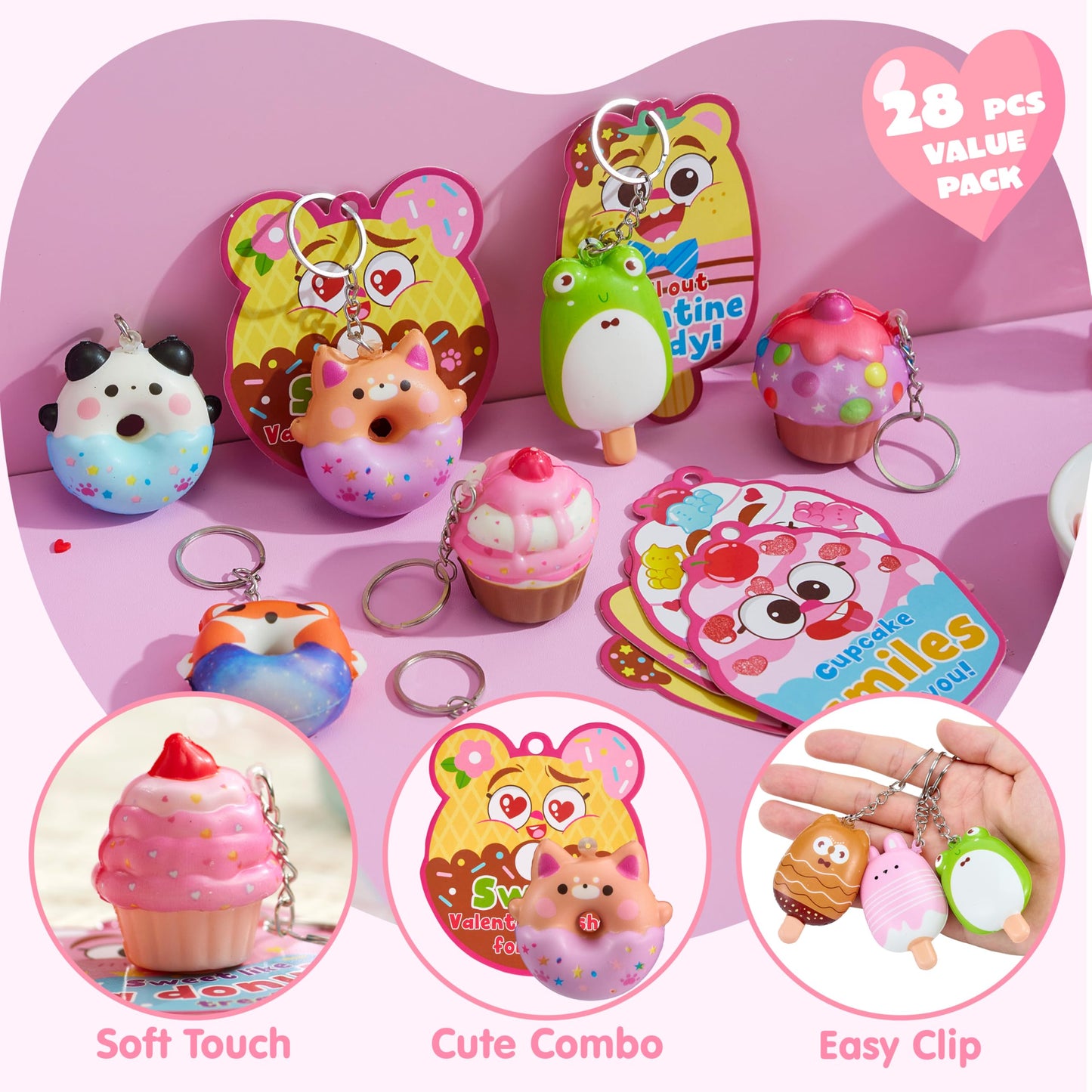 JOYIN 28 Packs Valentine Dessert squishy toys Stress Relief Keychains with Fun Dessert Cards, PU Donuts Squishy Toys, Cupcake & Popsicles Keychain, Slow-Rising Toy for Kids Classroom Gift Party Favor
