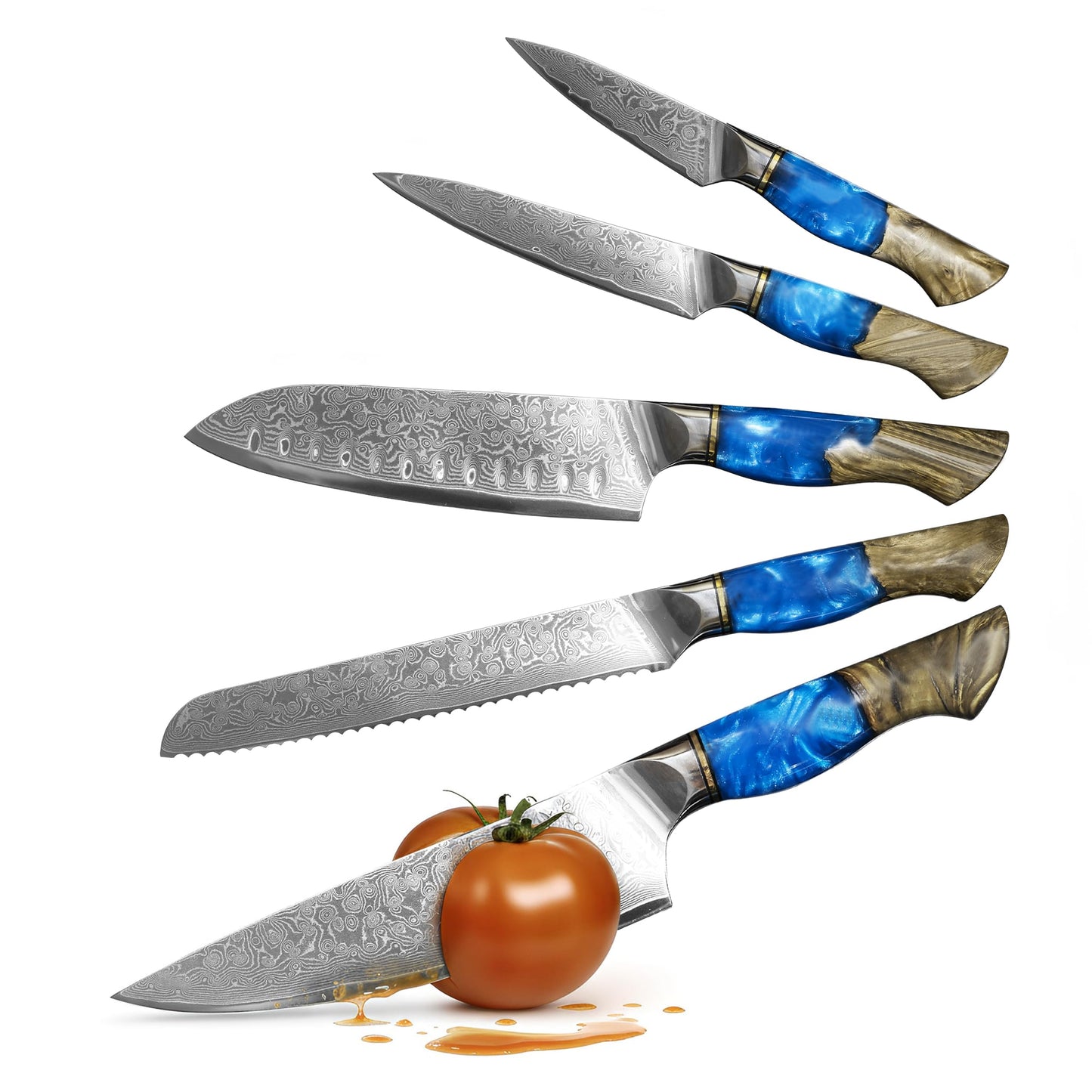 Seveat Damascus Kitchen Knife Set | 67-Layer Damascus Steel | Professional Japanese Chef Knife Set | Ergonomic Wood & Resin Handle | Gift Box Included (Blue, 5-Piece Set)