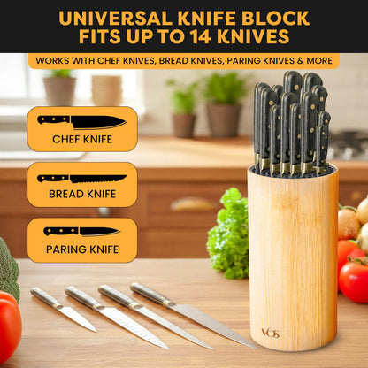 Vos Universal Knife Block - Countertop Knife Block Without Knives - Knife Holder with Non-Slip Base Sturdy Knife Organizer - Space Saving Knife Stand, Sleek & Modern Knife Rack - Bamboo