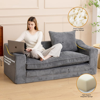 61" Convertible Sofa Bed Loveseat, Memory Foam Boneless Floor Couch with Removable Corduroy Cover, Tri-folding Compact Full-size Sleeper for Small Living Room, Playroom, Guest Room, RV (Dark Gray)