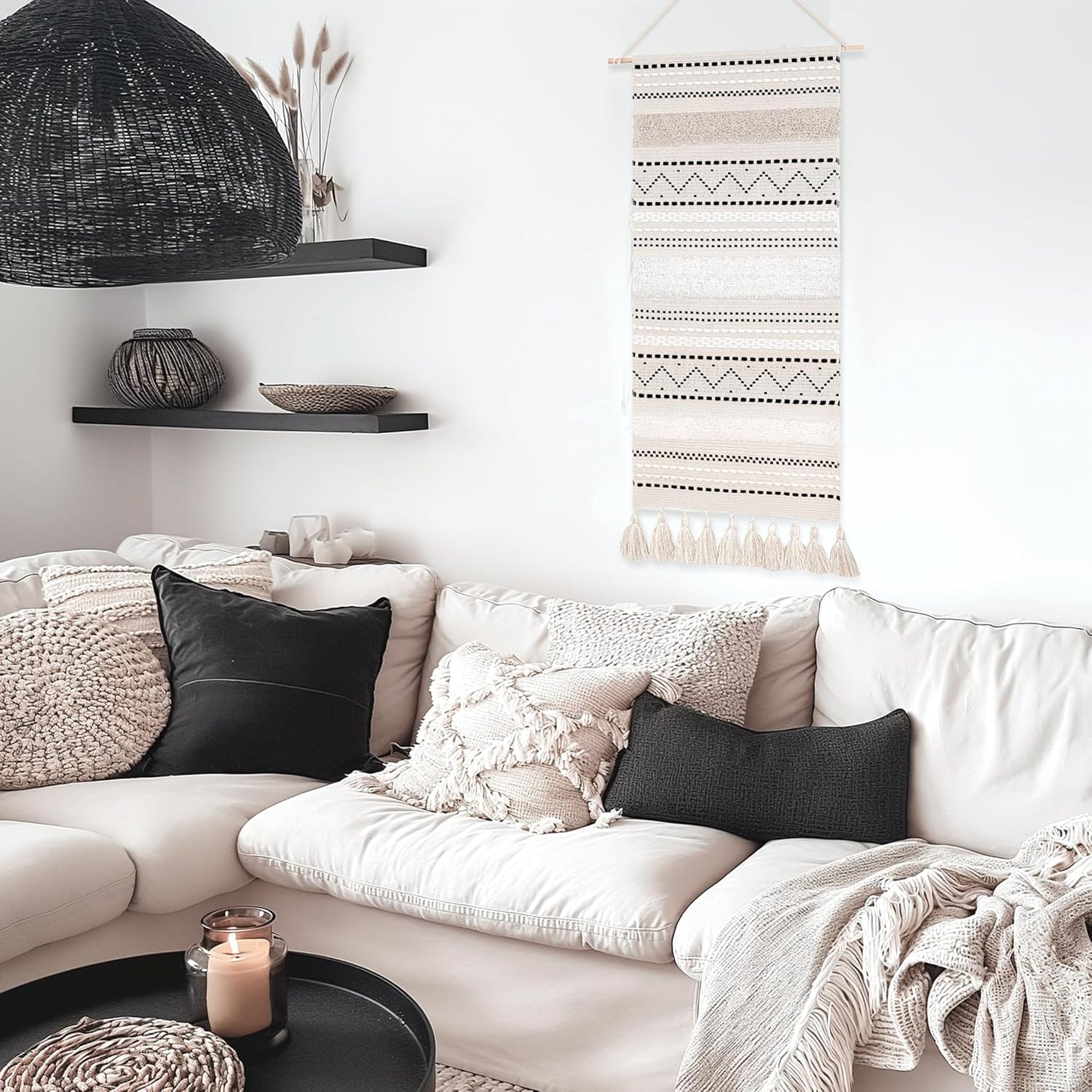 16x39 INCH BlissBlush Long Vertical Wall Hanging Tapestry Woven Boho Farmhouse Decor Black Beige Cream Tassel Handmade