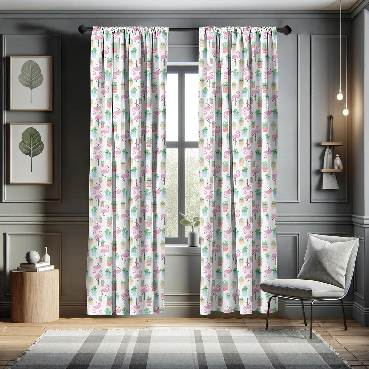 Ambesonne Cactus Window Curtains, Flamingos and Sleeping Plants Cartoon Pattern, 2-Panel Set (28" x 63")