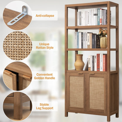 SICOTAS Bookshelf 5 Tier Book Shelf Rattan Boho 71" Tall Bookcase with Doors Storage Shelves Large Bookshelves Farmhouse Bookcases Library Book Case for Living Room Bedroom Home Office Kitchen