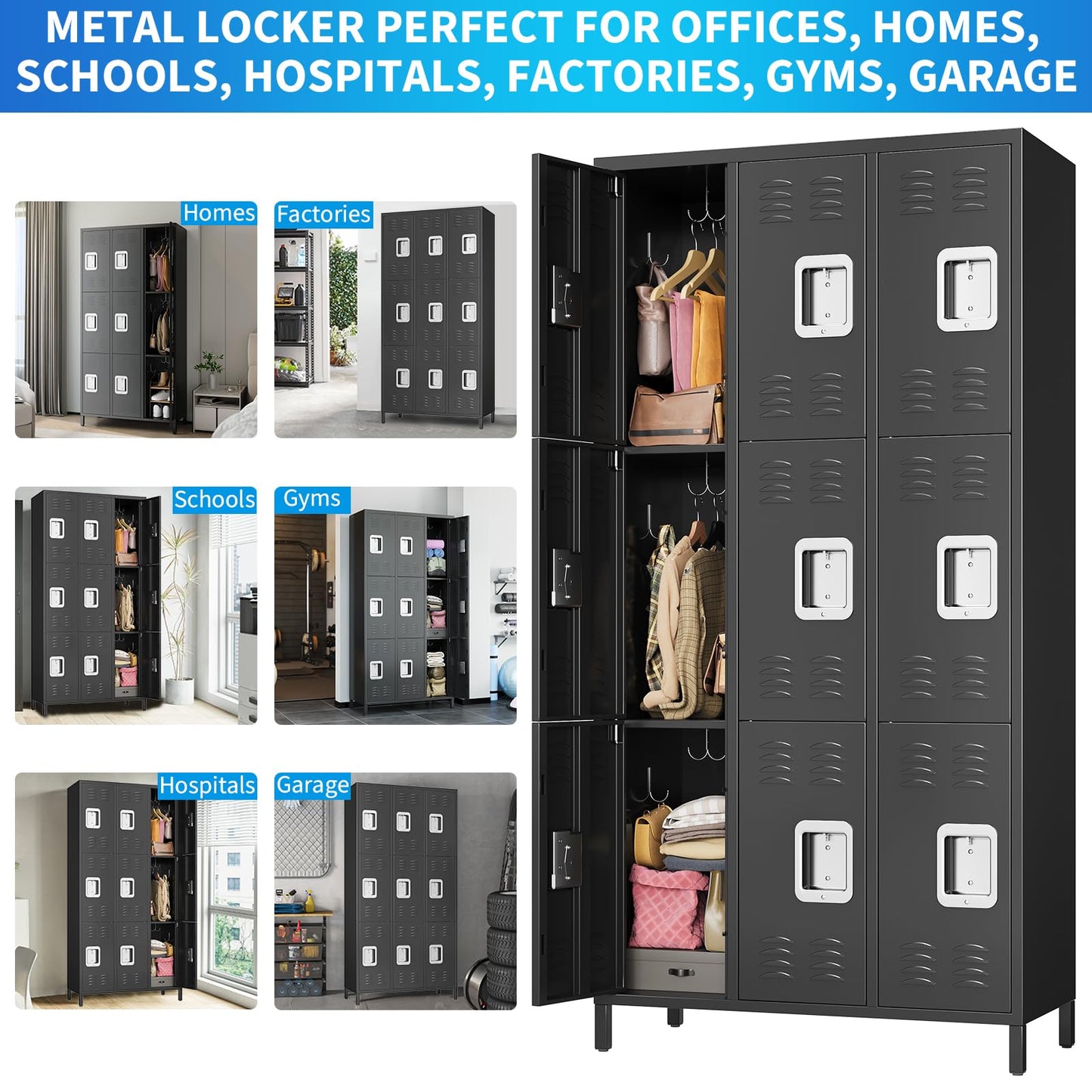 PhoenixCrest Metal Locker with 3 Doors & 9 Hooks, Heavy Duty Steel Storage Locker for Gym, Home, Office, School, Ventilated Design with Privacy Vents, Easy Assembly, Black