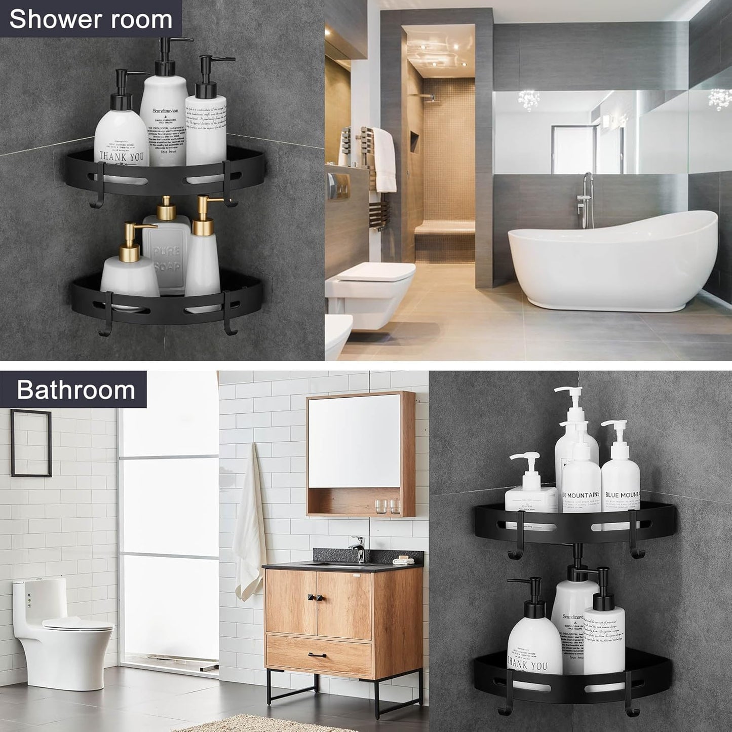 2 Pack WPT Corner Shower Caddy, Adhesive Shower Corner Shelf, Shower Organizer Storage Wall Mounted No Drilling