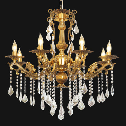 Luxury Copper Crystal Chandelier, 30" Vintage K9 Crystal Pendant Light with 8 Lights, Antique Brass Finish Ceiling Light Fixture with Scrolled Arms for Dining Room Living Room Foyer Villa Hotel