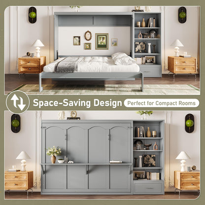 GDFStudio Queen Size Murphy Bed with Storage Compartments and Shelf, Wall Bed Frame with Adjustable Shelves and Drawer, Foldable Platform Bed for Guest Room Bedroom, Gray