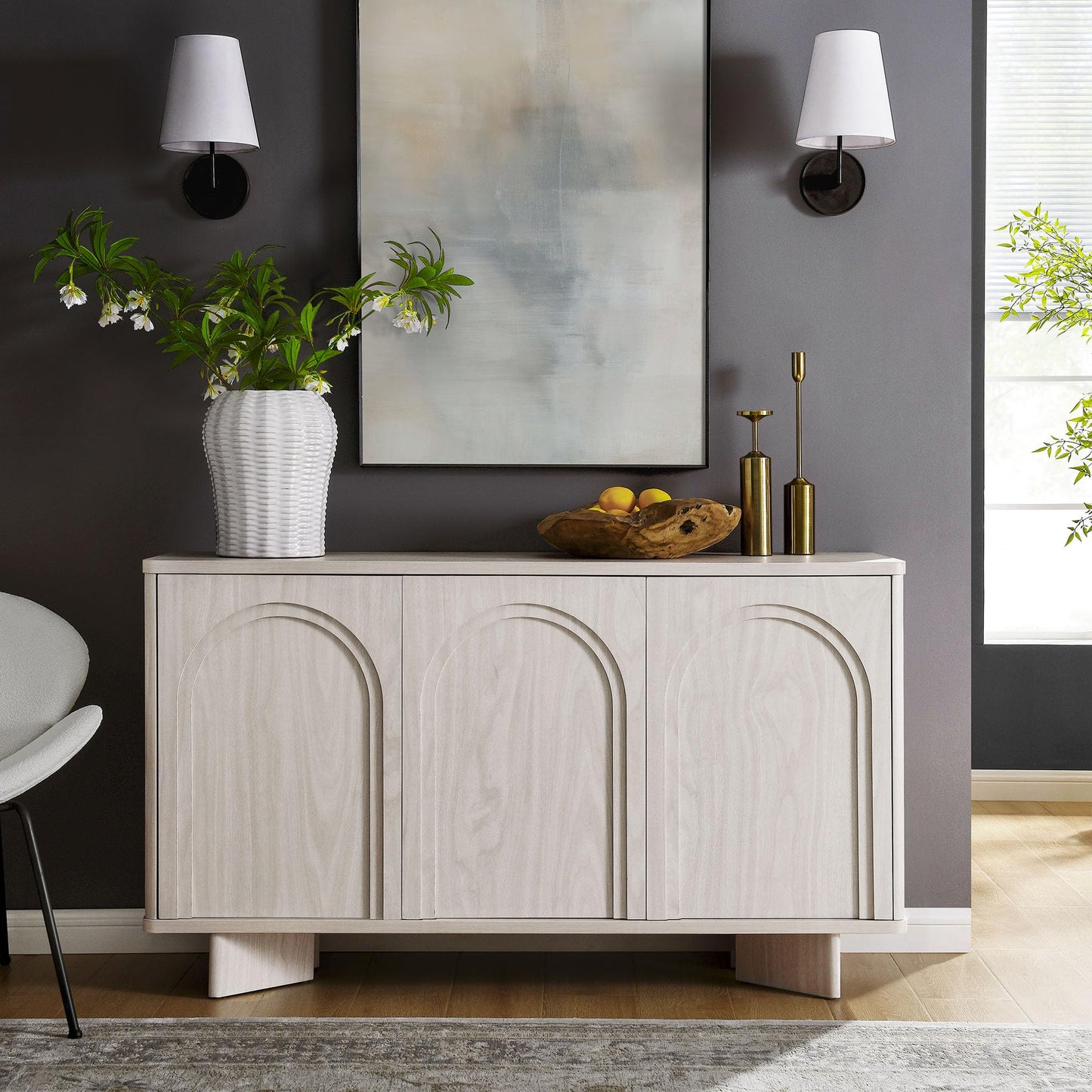 Modway Flux Arched Door Sideboard in White Wash - 55 Inch Freestanding 3-Door Buffet Credenza - Tall Media Console for Wall-Mounted TVs - Modern Accent Cabinet for Kitchen, Living Room, Hallway