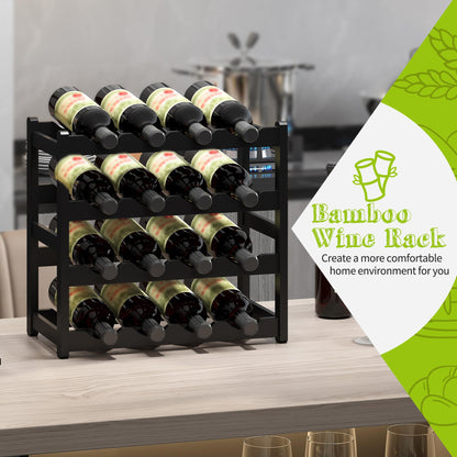 BMOSU Bamboo Wine Rack Wine Storage Cabinet Shelf 16 Bottle Wine Racks Countertop Sturdy for Kitchen Dining Room Pantry - 4 Tiers Wine Rack(Black)