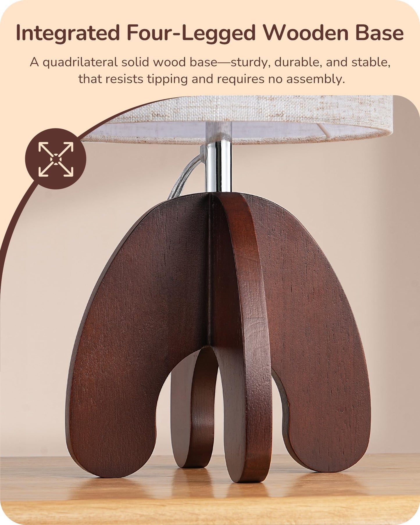 EDISHINE 14.17" Small Table Lamp, Integrated Four-Legged Wooden Bedside Lamp Base, Beige Linen Lampshade, E26, Modern Nightstand Lamp for Nursery, Bedroom, End Table, ON/Off Switch